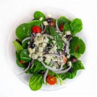 Spinach Salad · Fresh baby spinach, tomatoes, red onions, Kalamata olives, Gorgonzola and balsamic vinaigret...