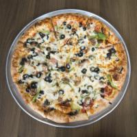 Supremo Pizza · Tomato sauce, mozzarella, fresh mushrooms, pepperoni, green peppers, caramelized onions, Ita...