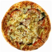 Spinach and Artichoke Pizza · Garlic herb sauce, mozzarella, tomatoes, mushrooms, caramelized onions, baby spinach, artich...