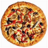 Roasted Eggplant Pizza · Garlic herb sauce, mozzarella, eggplant, roasted red peppers, Kalamata olives and feta.