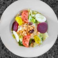The Best Greek Salad · Small. Crisp iceberg and romaine lettuce, tomatoes, chickpeas, feta cheese, pepperoncinis, K...