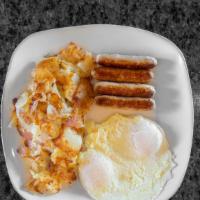 Honey Tree Special · 2 eggs, 2 sausage links, 2 bacon strips, 1 slice of ham, hash browns, toast and jelly.
