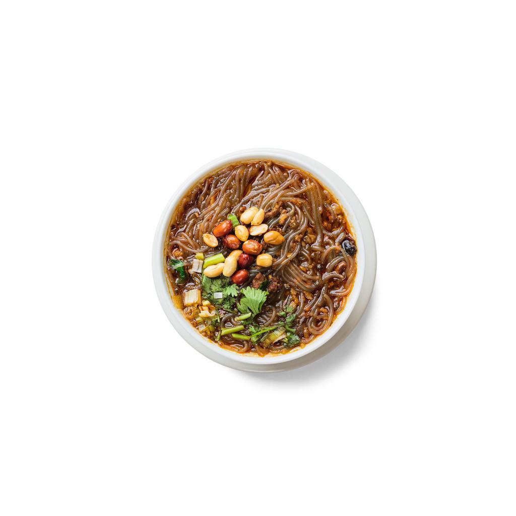 Hot and Sour Noodle Soup · spicy minced pork in hot and sour broth with potato noodles. Topped with scallions and cilantro