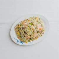 43. House Fried Rice · Fried rice with beef, shrimp, chicken, bbq pork, peas, carrots, and scallions. 