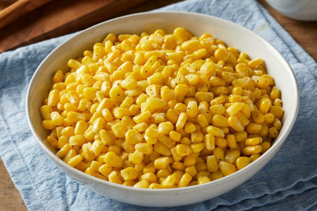 Family Size Buttered Corn · Whole kernel sweet corn, lightly buttered and seasoned with salt and pepper. Serves up to 6.