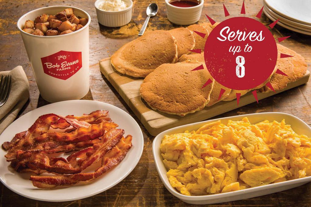 Brunch for a Bunch Bundle · Feed your whole family with these favorites! Large portion of fresh-cracked scrambled eggs, 12 hotcakes with butter and syrup, 12 strips of center-cut hardwood-smoked bacon, 12 sausage links, a dozen freshly-baked buttermilk biscuits, homemade sausage gravy and a family size portion of home fries. Serves up to 8.