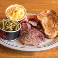 Beef Brisket Platter · Served with garlic toast and 2 sides.