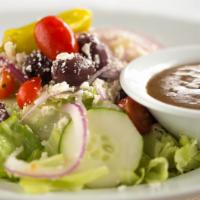 Greek Salad (SM) · Fresh greens topped with tomatoes, feta cheese, kalamata olives, pepperoncini, red onions an...