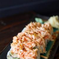 R14. Dynamite Roll · In: shrimp tempura, snow crab, cucumber. Out: avocado, spicy scallop.
