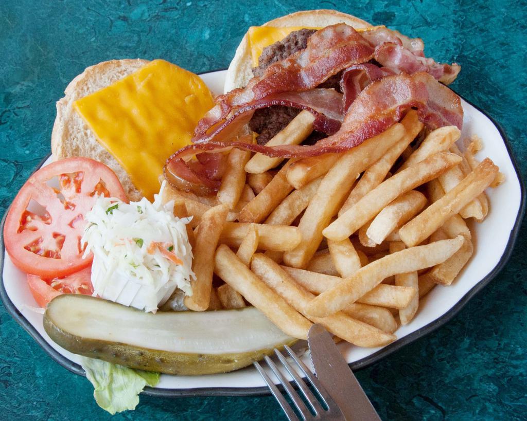 Bacon Cheeseburger Deluxe · Served with french fries, lettuce, tomato, pickle and coleslaw.