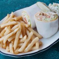 California Wrap Deluxe · Grilled chicken, avocado, cheddar cheese, lettuce, tomatoes, and french fries.