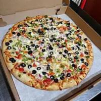 Greek Pizza · Tomatoes, olives, onions, peppers, feta cheese, oregano.