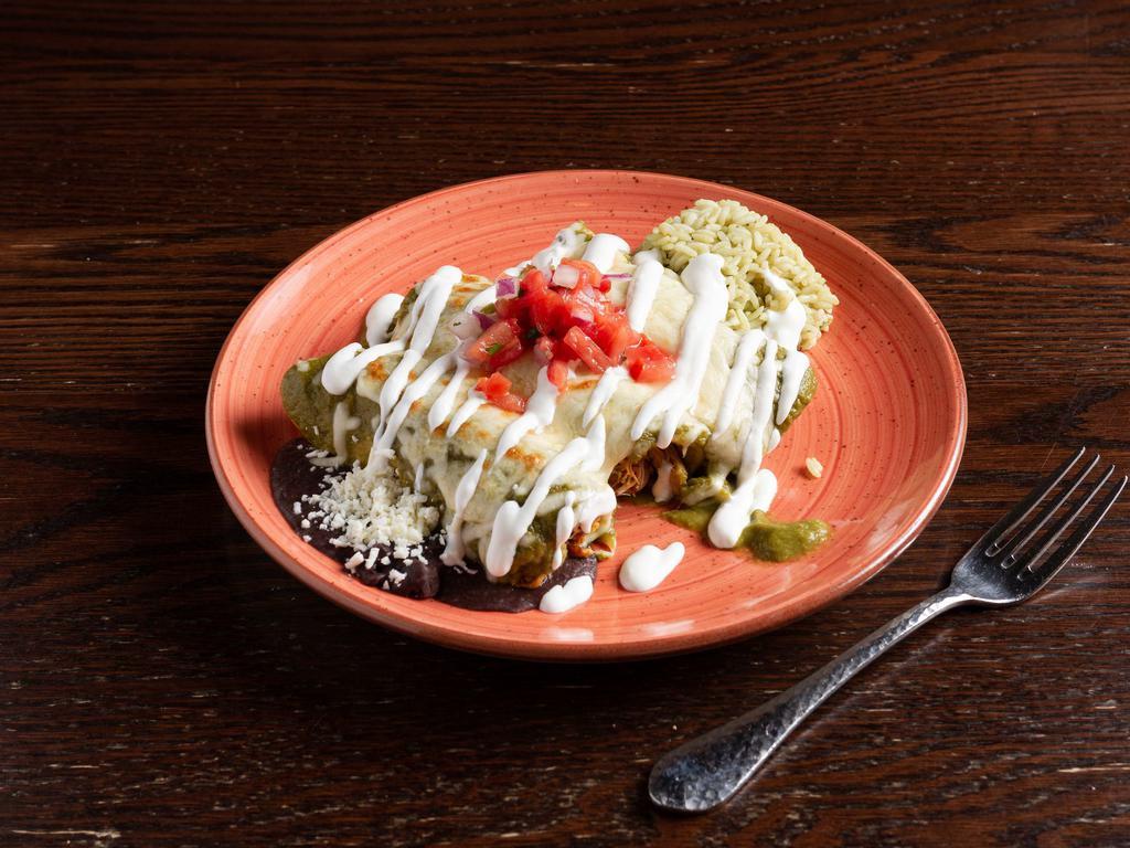 Enchiladas de Pollo · Corn tortillas, shredded chicken tinga, melted chihuahua cheese, crema Mexicana with rice and refritos black beans. Choice of Salsa verde or mole sauce (Mole contains nuts)
