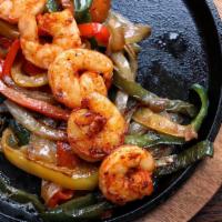 Shrimp Fajitas · Pan seared shrimp, medley of peppers and onions, rice, beans, guacamole, pico de gallo and f...
