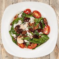 Spinach and Goat Cheese · Spinach, goat cheese, crimini mushrooms, bacon, caramelized onions, grape tomatoes, glazed p...