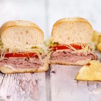 Roast Beef & Provolone Sandwich (Full) · With chips. Roast beef, provolone, lettuce, tomato, onion, mayo, red wine vinegar and olive ...