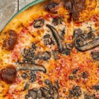 Mushroom Pizza · Red sauce, portobello mushrooms, crimini mushrooms, and spin blend cheese.