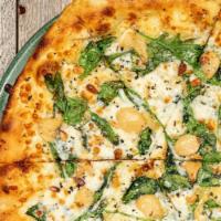 Spinach and Garlic Pizza · Herbed olive oil, spinach, roasted garlic cloves, pine nuts, and spin blend cheese.