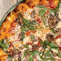 Veggie Pizza · Red sauce, red peppers, spinach, red onions, crimini mushrooms, and goat cheese spin blend c...