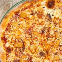 BBQ Chicken Pizza · BBQ sauce, caramelized onions, BBQ chicken, pineapple, and spin blend cheese.