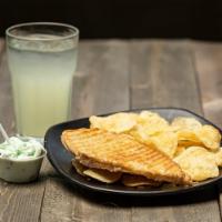 Half Grilled Cheese · Served with chips, a drink and a scoop of gelato.