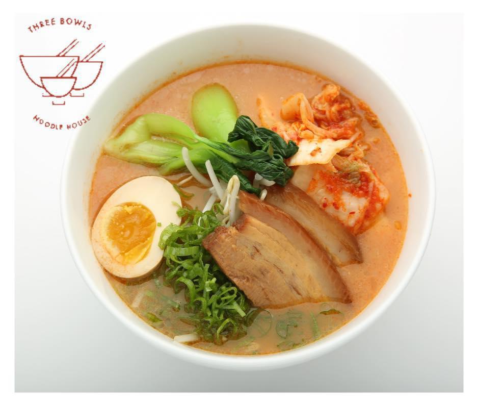 R1. Kimchi Ramen · Kimchi ramen with a pork soup base. Topped with sliced pork belly, kimchi, bean sprouts, bamboo shoots, bok choy, fish cake, egg and scallions.