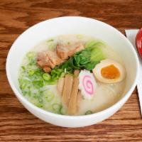 R3. Tonkotzu Ramen (White) · Tonkotzu ramen with a pork soup base. Topped with sliced pork belly, bamboo shoots, bok choy...