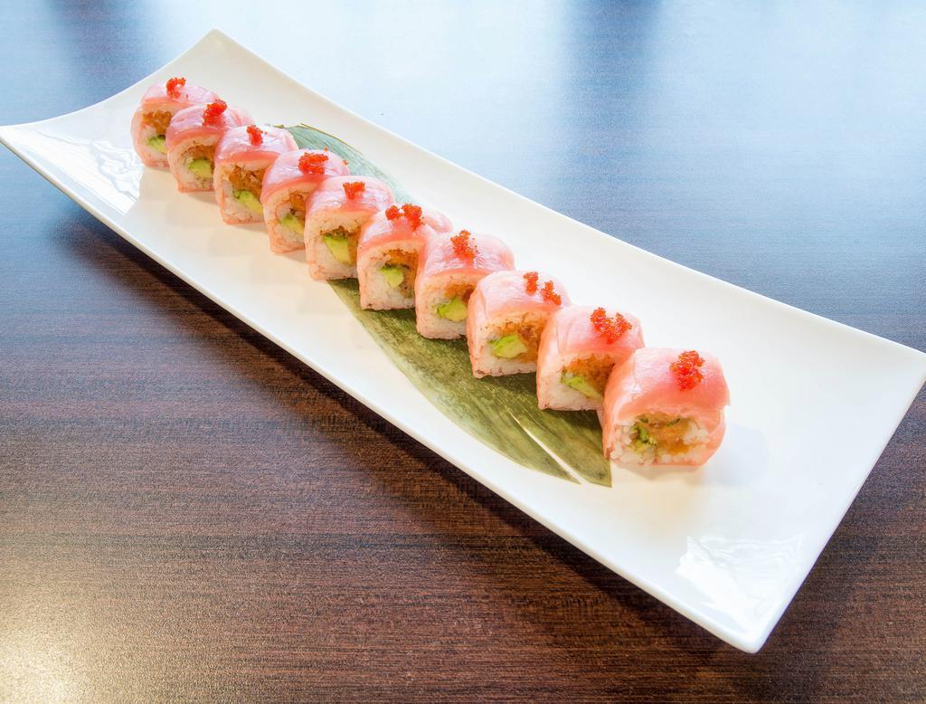 Autumn of Syracuse Roll · Spicy tuna, avocado, soy paper wrap topped with fresh tuna, masago and spicy mayo.