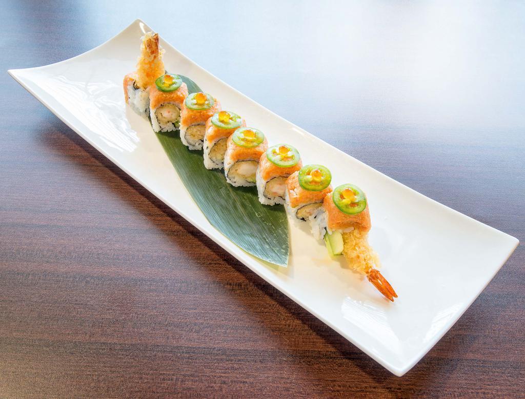 Spicy Girl Roll · Shrimp tempura, cucumber topped with spicy tuna, jalapeno and flying fish roe.