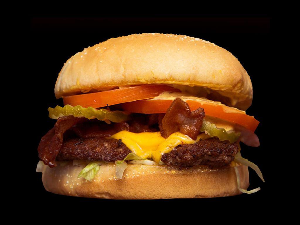 Classic Burger · Bacon, American, tomato, lettuce, house sauce, grilled onion & pickle. Every burger comes with bacon and fries.