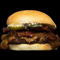Peanut Butter Pickle Bacon Burger · Peanut butter sauce, pickle, bacon, mayo, grilled onion & house sauce. Every burger comes wi...