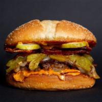 Jose Mendoza Burger · Bacon, Roasted Green Chiles, Monterey Jack, House Sauce, Grilled Onion & Pickle. Every burge...