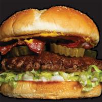 No Cheese Burger · Bacon, bubbies sweet pickles, mayo, beaver picnic mustard, lettuce and onion.