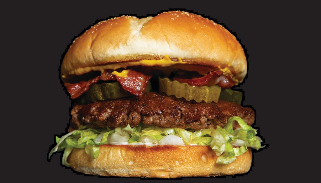No Cheese Burger · Bacon, bubbies sweet pickles, mayo, beaver picnic mustard, lettuce and onion.