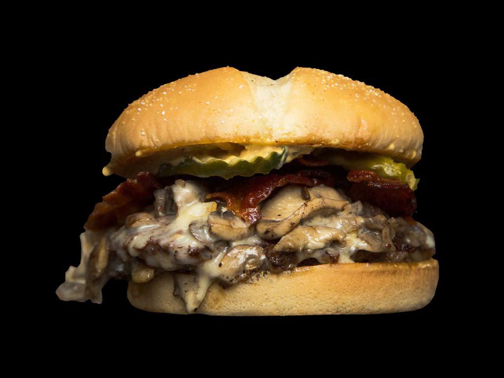 Fun Guy Burger · Bacon, mushrooms, melted Swiss, house sauce, grilled onion and pickle. Every burger comes with bacon and fries.