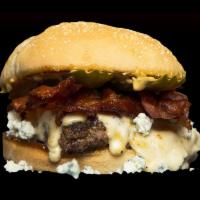 Teemah Burger · Bacon, bleu cheese fondue and crumbles, house sauce, grilled onion and pickle. Comes with ba...