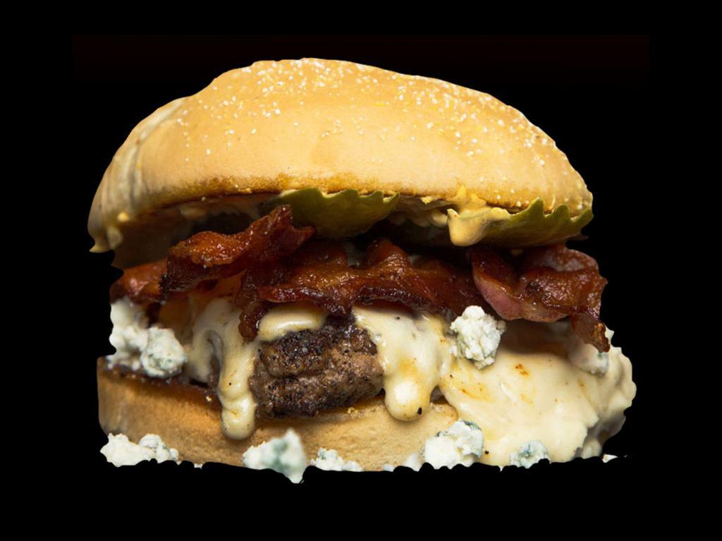 Teemah Burger · Bacon, house sauce, bleu cheese fondue & crumbles, grilled onion & pickle. Every burger comes with bacon and fries.