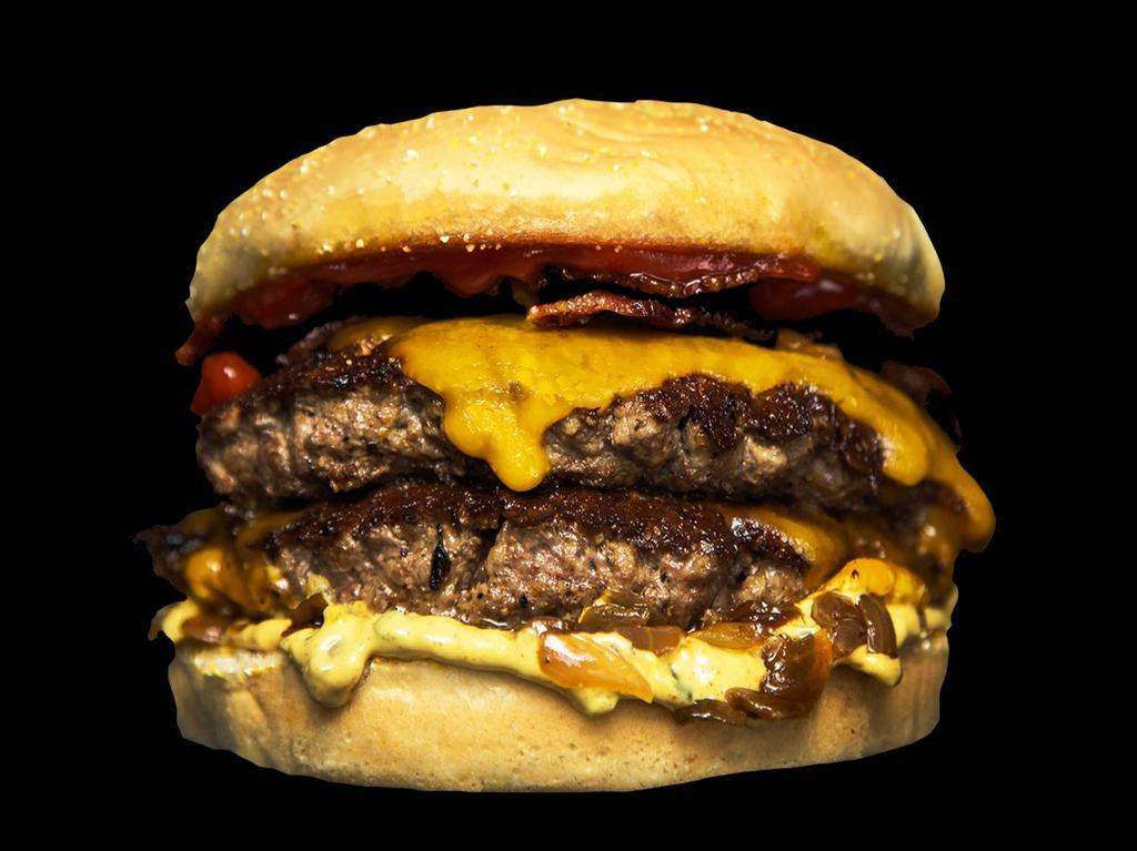 Meathead Burger · Bacon, 2 patties, cheddar cheese, grilled onion, house sauce & ketchup. Every burger comes with bacon and fries.