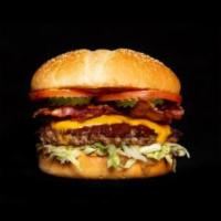Classic Burger Pint-Size · 3 oz. Patty and mini bun. Bacon, American, tomato, lettuce, house sauce, grilled onion and p...