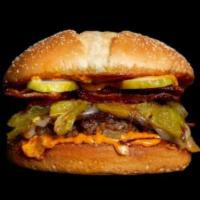 Pint-Size Jose Mendoza Burger · 3 oz. patty and smaller bun. Bacon, roasted green chiles, Monterey Jack, house sauce, grille...