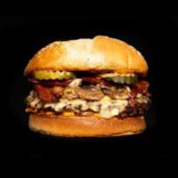 Pint-Size Fun Guy Burger · 3 oz. patty and smaller bun. Bacon, mushroom, Swiss fondue, house sauce, grilled onion and p...