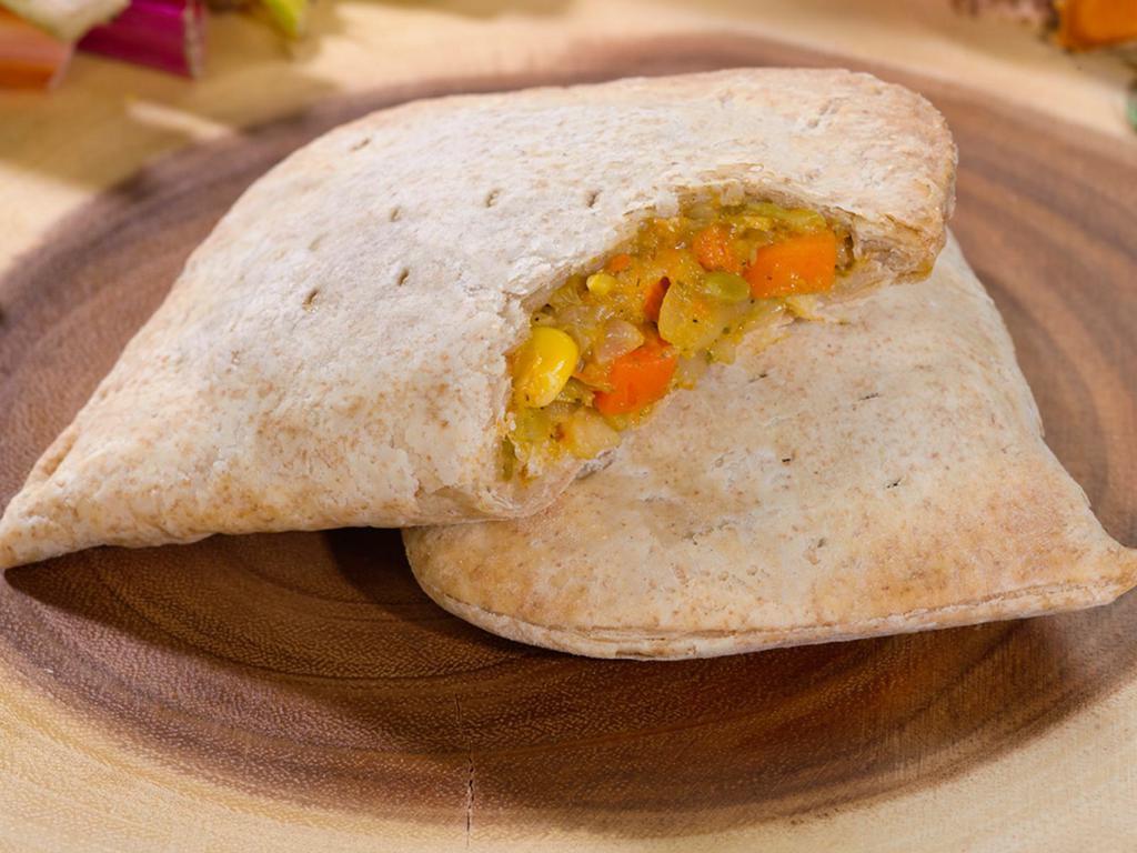 Vegetable Patty · Flaky whole wheat pastry filled with tender steamed cabbage, broccoli, corn, carrots.
