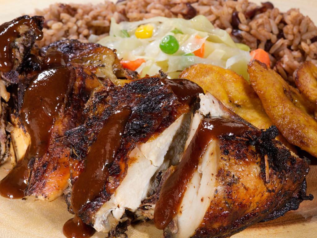1. Jerk Chicken · Served with rice and peas or white rice and steamed vegetable.
