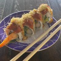 Fancy Tuna Roll · Shrimp tempura, cucumber, topped with spicy tuna crunch, eel sauce and spicy mayo.