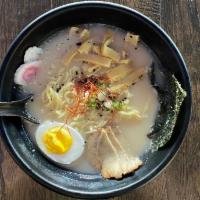 #Char Siu Ramen · Ramen noodles in Tokotsu broth garnished with scallions, Japanese Naruto fish cake, 1/2 boil...