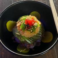 Spicy Salmon Bowl · Spicy salmon, seaweed salad, fried shallot, avocado, pickled radish, sesame seeds with eel s...