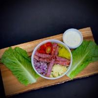 Polumbo Square · house chopped romaine mixed with diced genoa salami, hot capicola, and prosciutto, cherry to...
