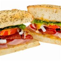Sarpino's Italian Sandwich · Salami, pepperoni, Canadian bacon, capicollo and Sarpino's gourmet cheese mix topped with on...