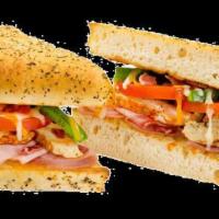 Country Ranch Sandwich · Grilled chicken breast, Canadian and smoked bacon, tomatoes, green peppers, Parmesan, and si...