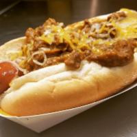 Chili Cheese Dog · All beef hot dog wrapped topped with chili & shredded cheese